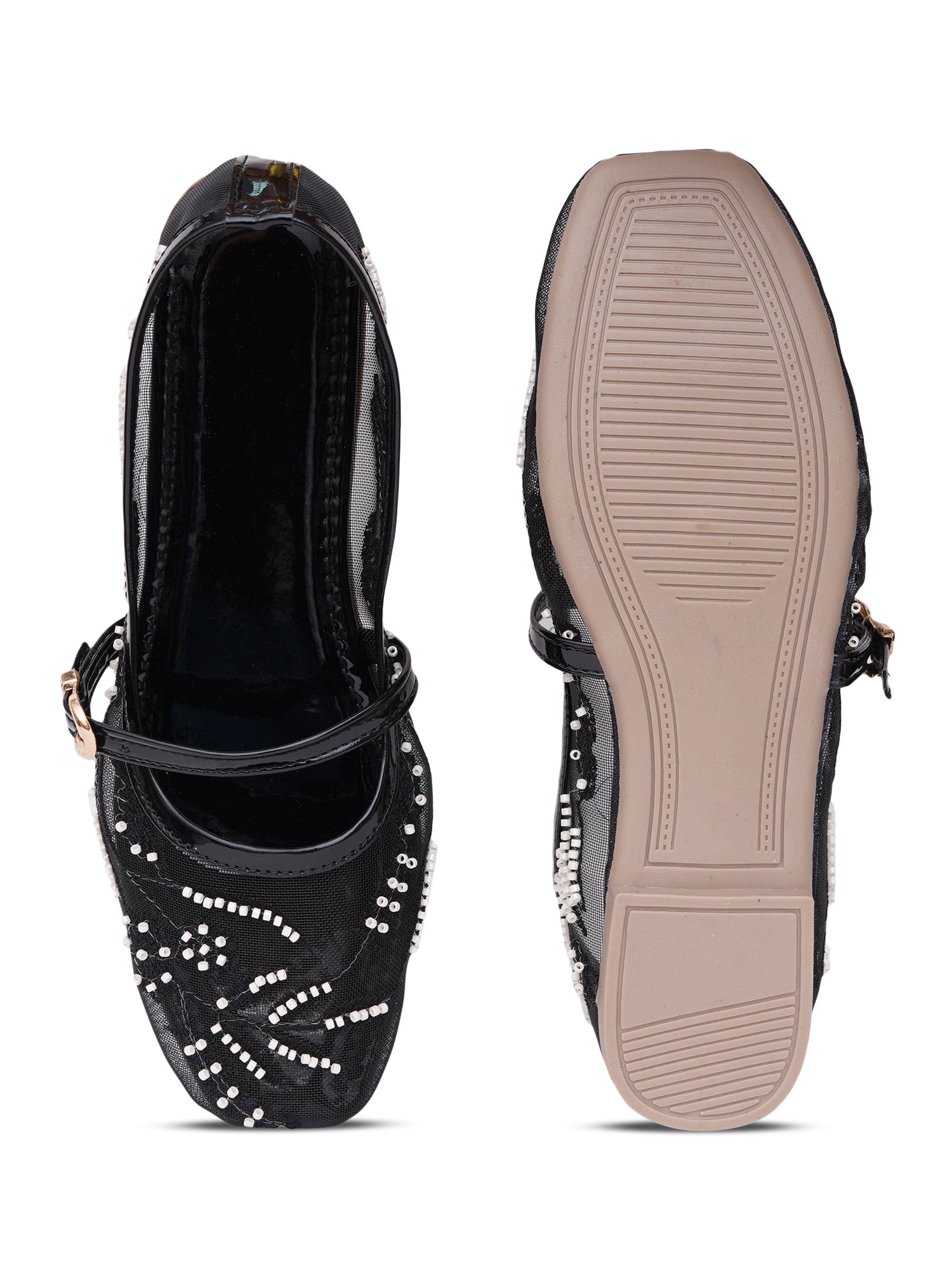 Elegant Pearl & Sequin Strap Mary Jane Style Ballerinas