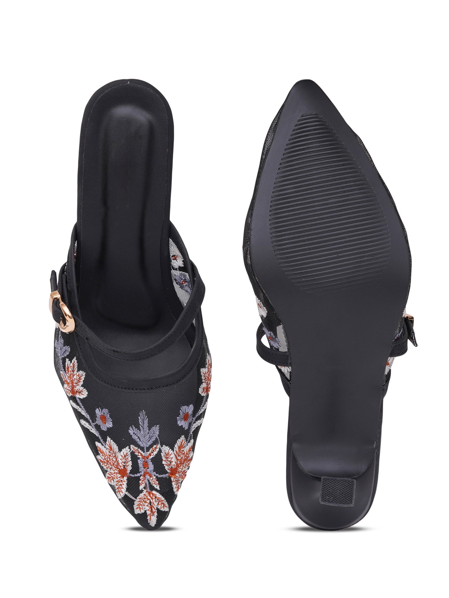 Embroidered Floral Mesh Slingback Kitten Heels