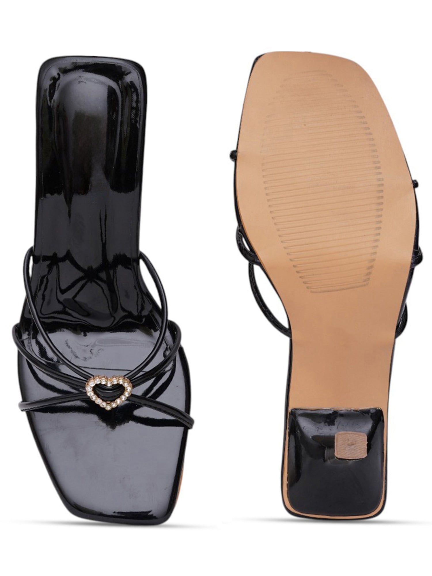 Glossy Kitten Heel Rhinestone Strap Sandals