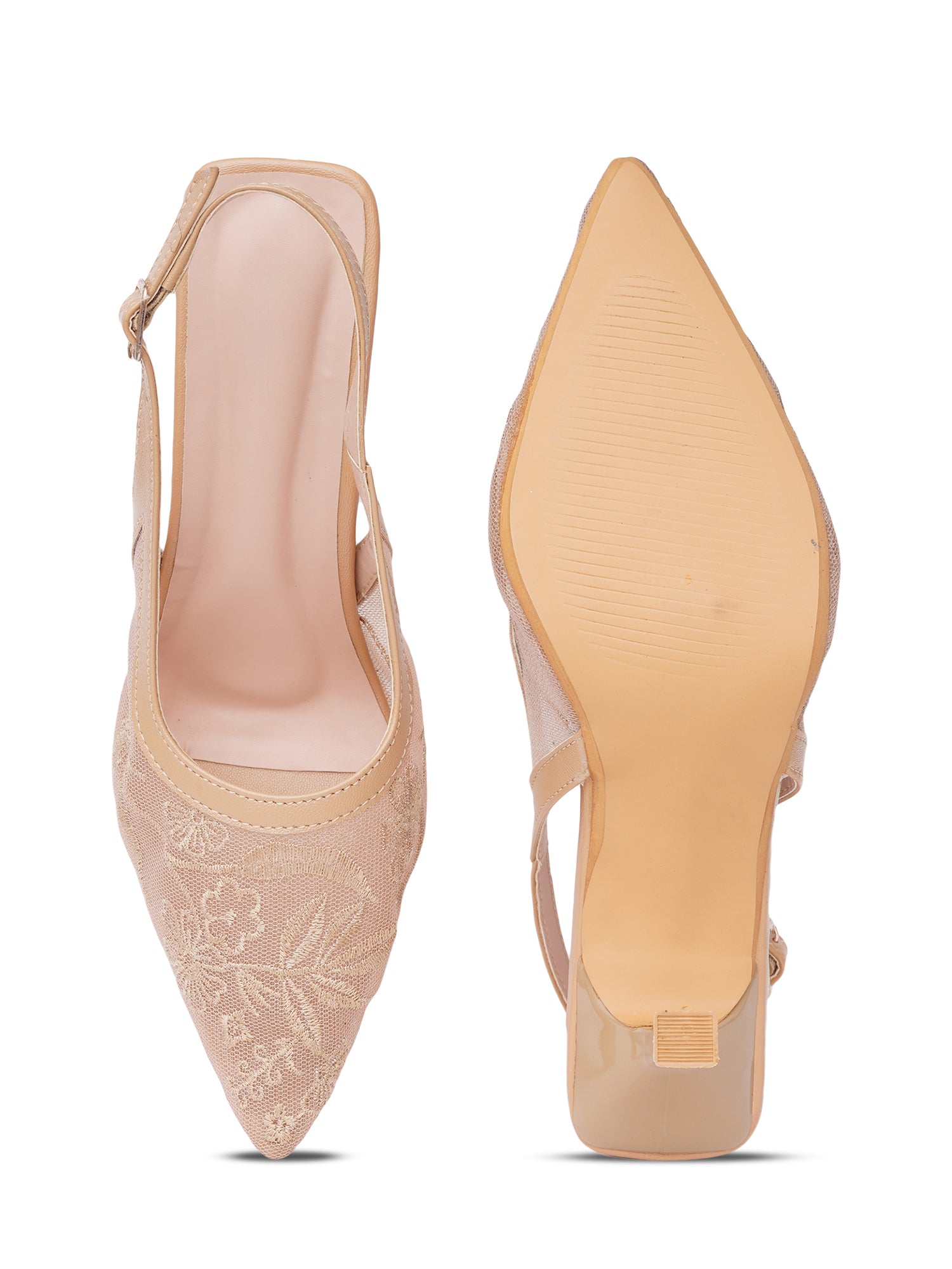 Floral Embroidered Mesh Slingback Kitten Heels