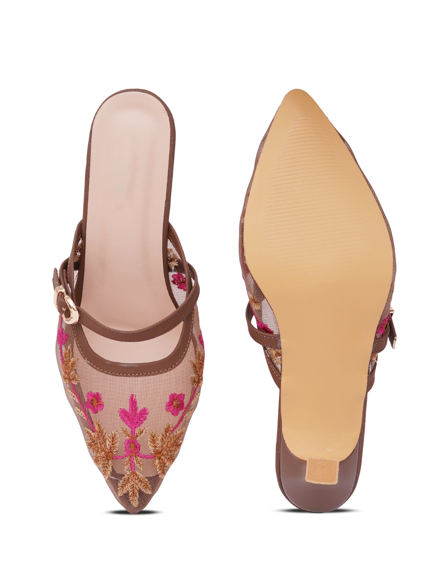 Embroidered Floral Mesh Slingback Kitten Heels