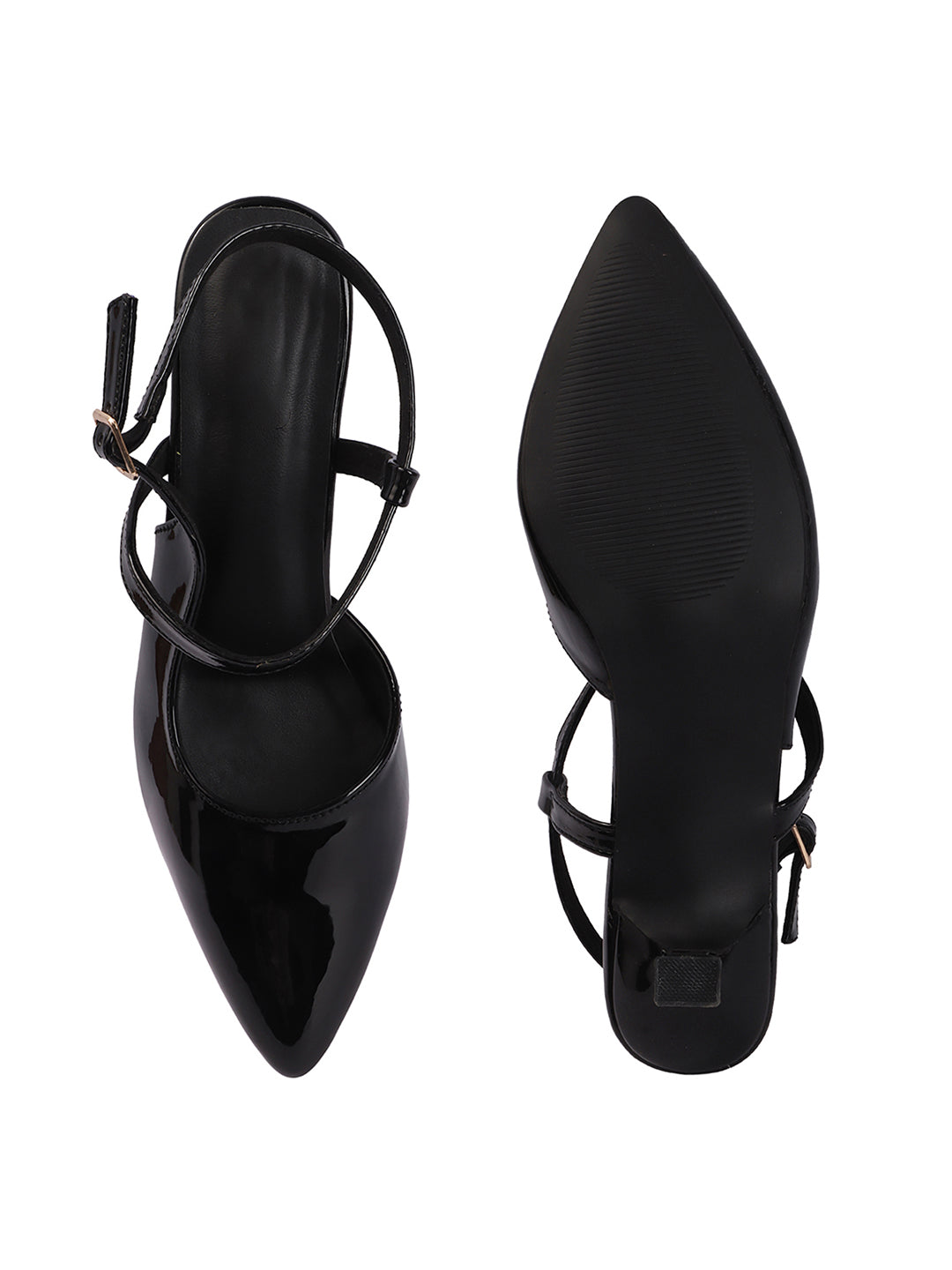 Elegant Patent Pointed Toe Slingback Kitten Heel Mules-Black