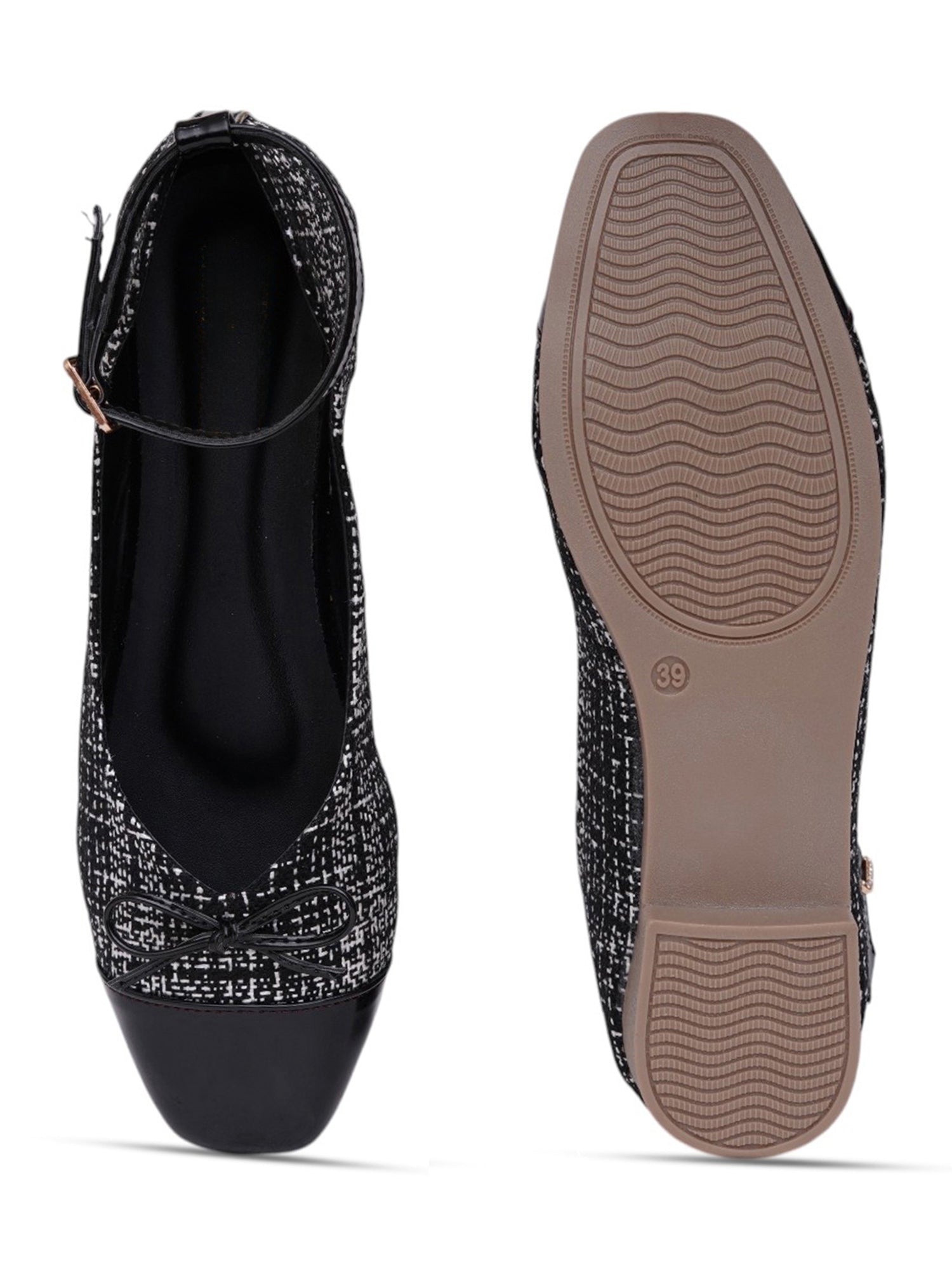 Elegant Tweed Texture Ballet Pumps Bellies with Ankle Strap