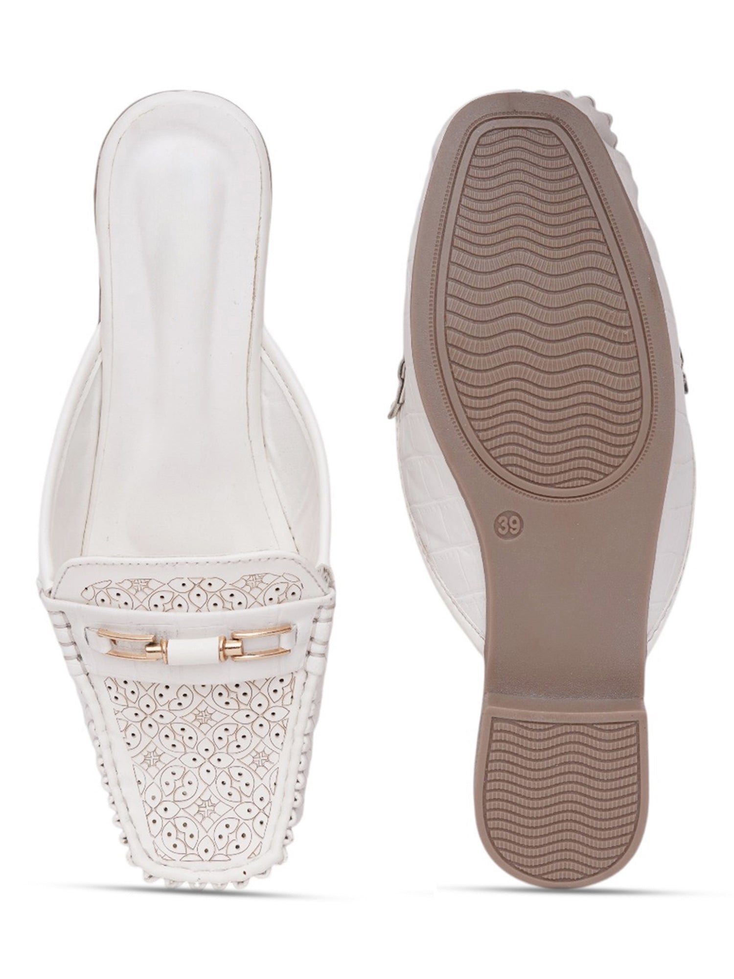 Comfort Cushioned Laser Slip-On Cut Loafer Mule Flats-White