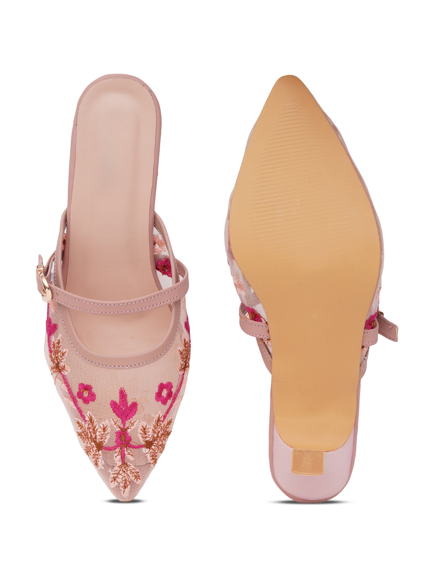 Embroidered Floral Mesh Slingback Kitten Heels
