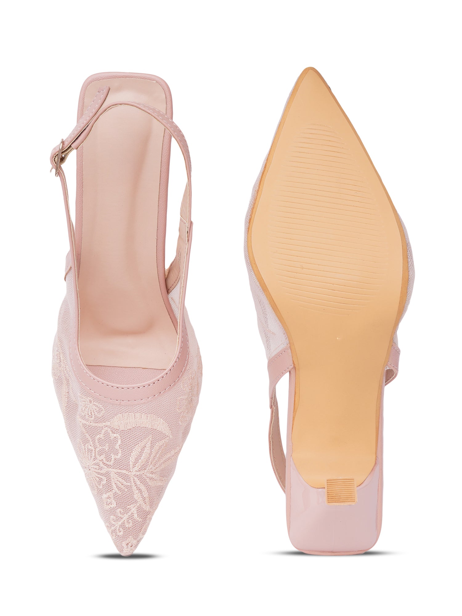 Floral Embroidered Mesh Slingback Kitten Heels