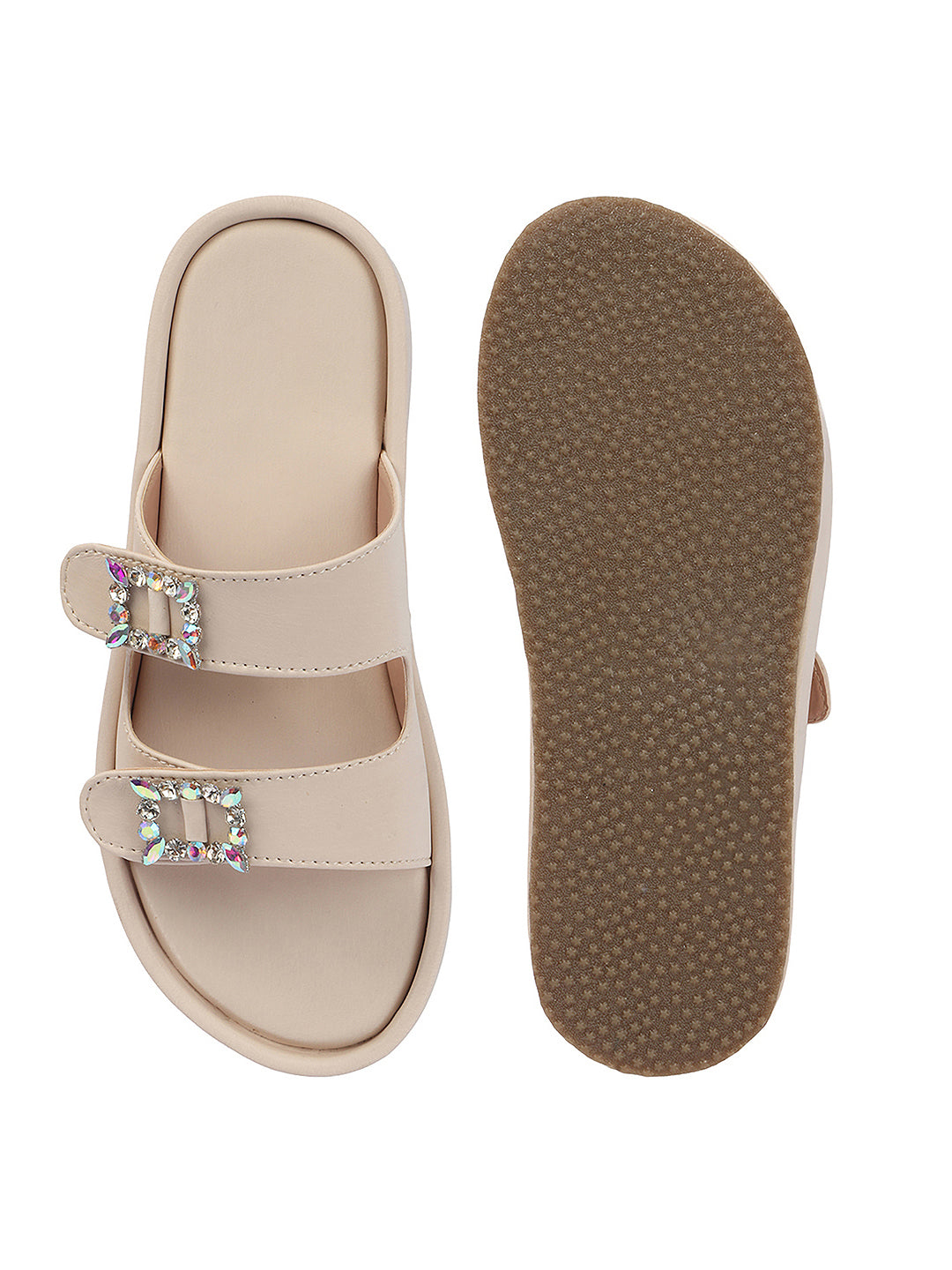 Dual-Strap Rhinestone Buckle Slide Soft Casual Flats