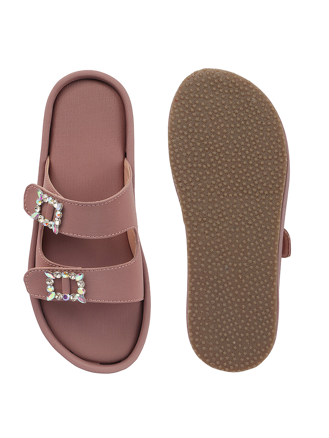 Dual-Strap Rhinestone Buckle Slide Soft Casual Flats