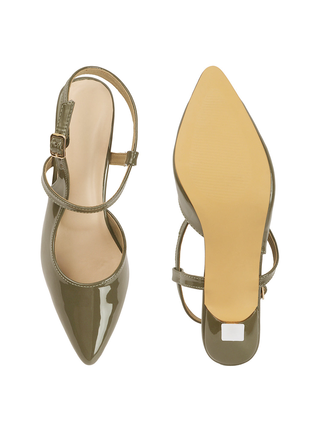 Elegant Patent Pointed Toe Slingback Kitten Heel Mules-Olive