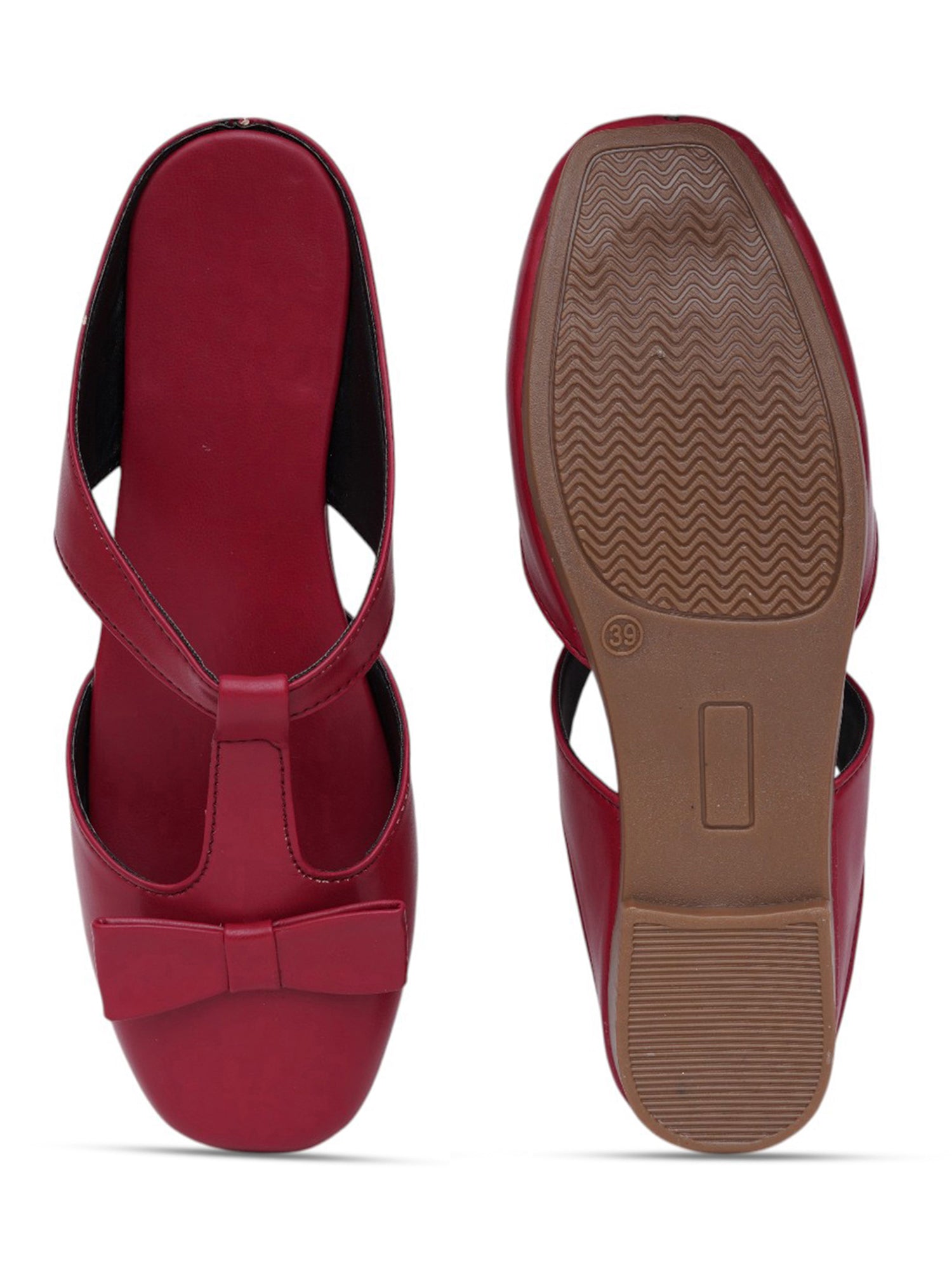 Casual Slip-On Women's Bow Detail T-Strap Mule Flats-Cherry
