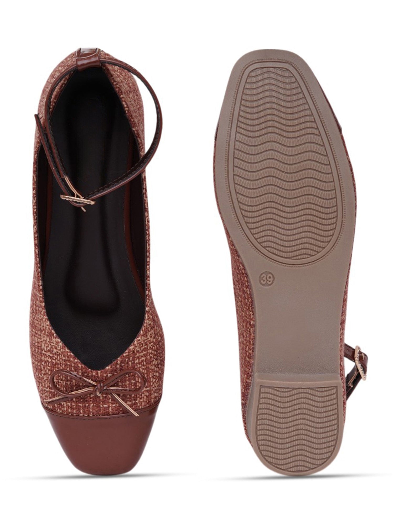 Elegant Tweed Texture Ballet Pumps Bellies with Ankle Strap