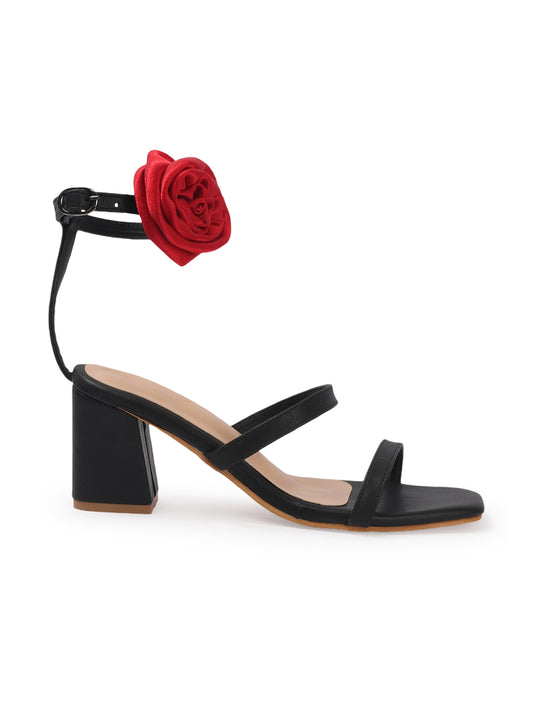 Rose Detail Ankle Strap Block Heels