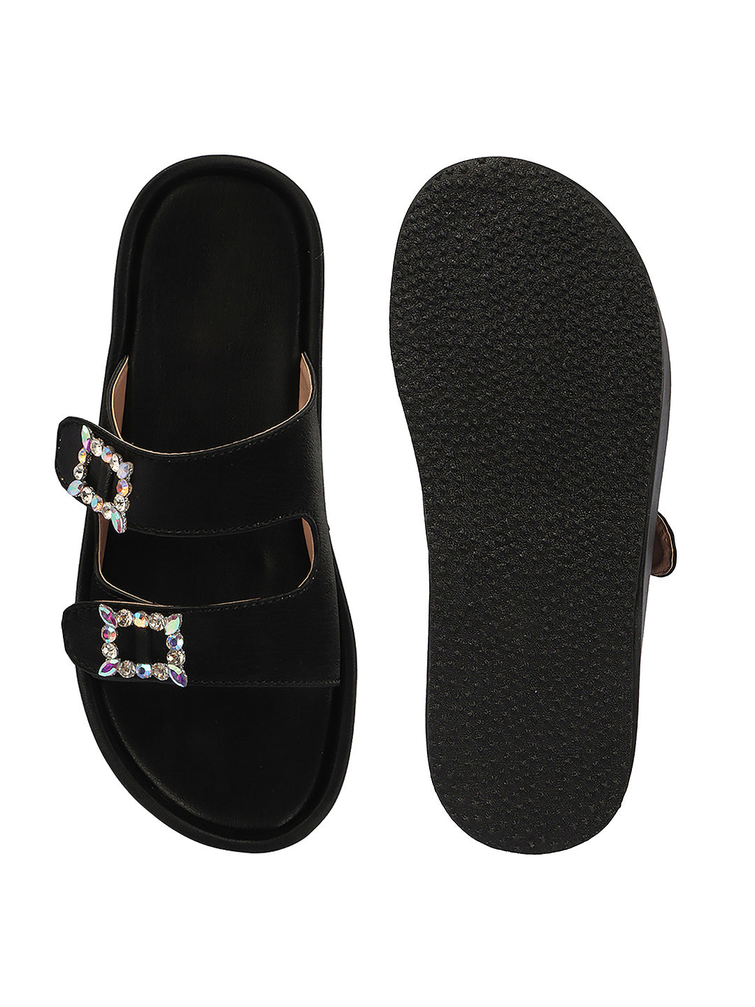Dual-Strap Rhinestone Buckle Slide Soft Casual Flats
