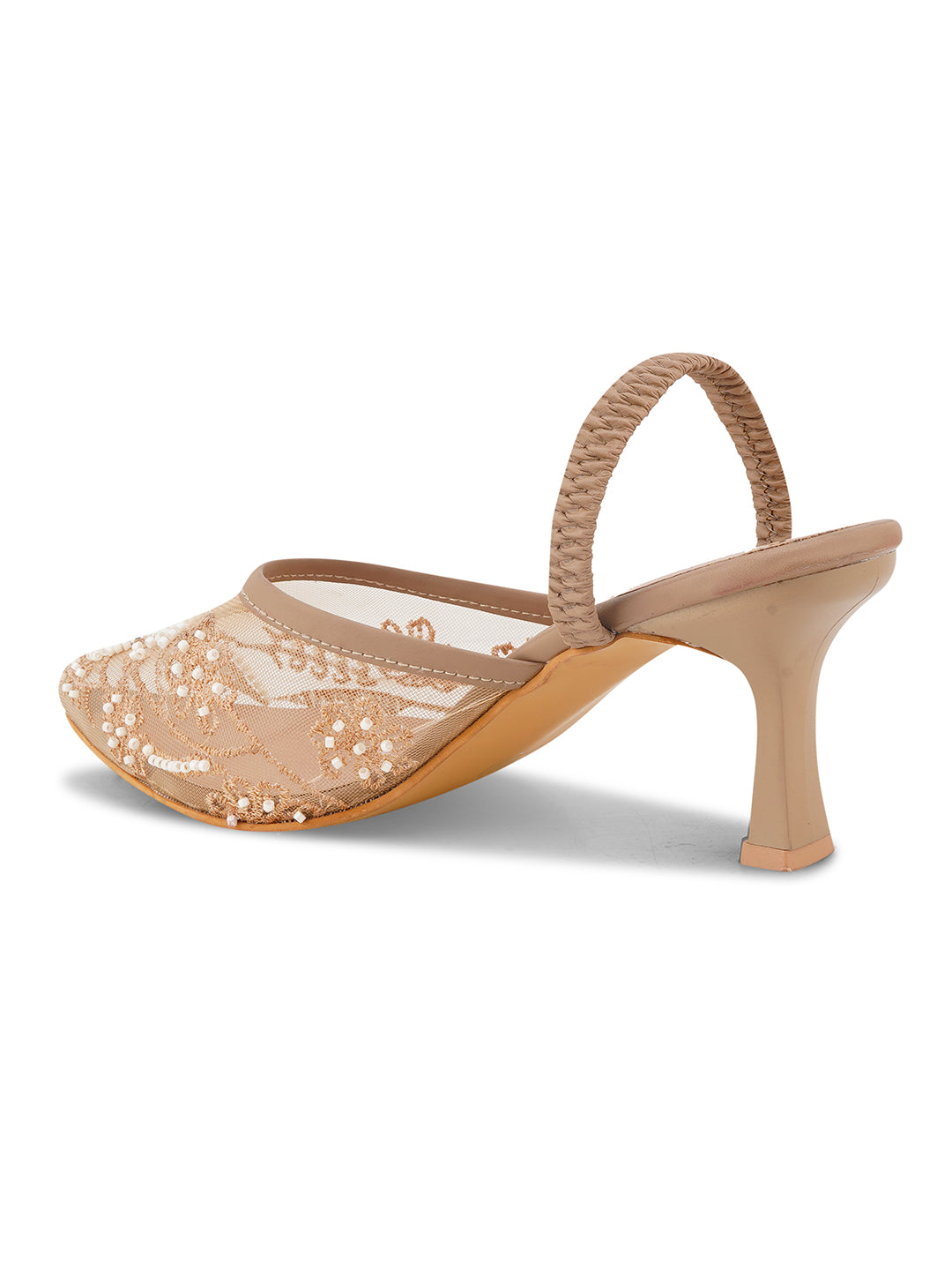 Mesh Embellished Pointed Toe Mule Heels