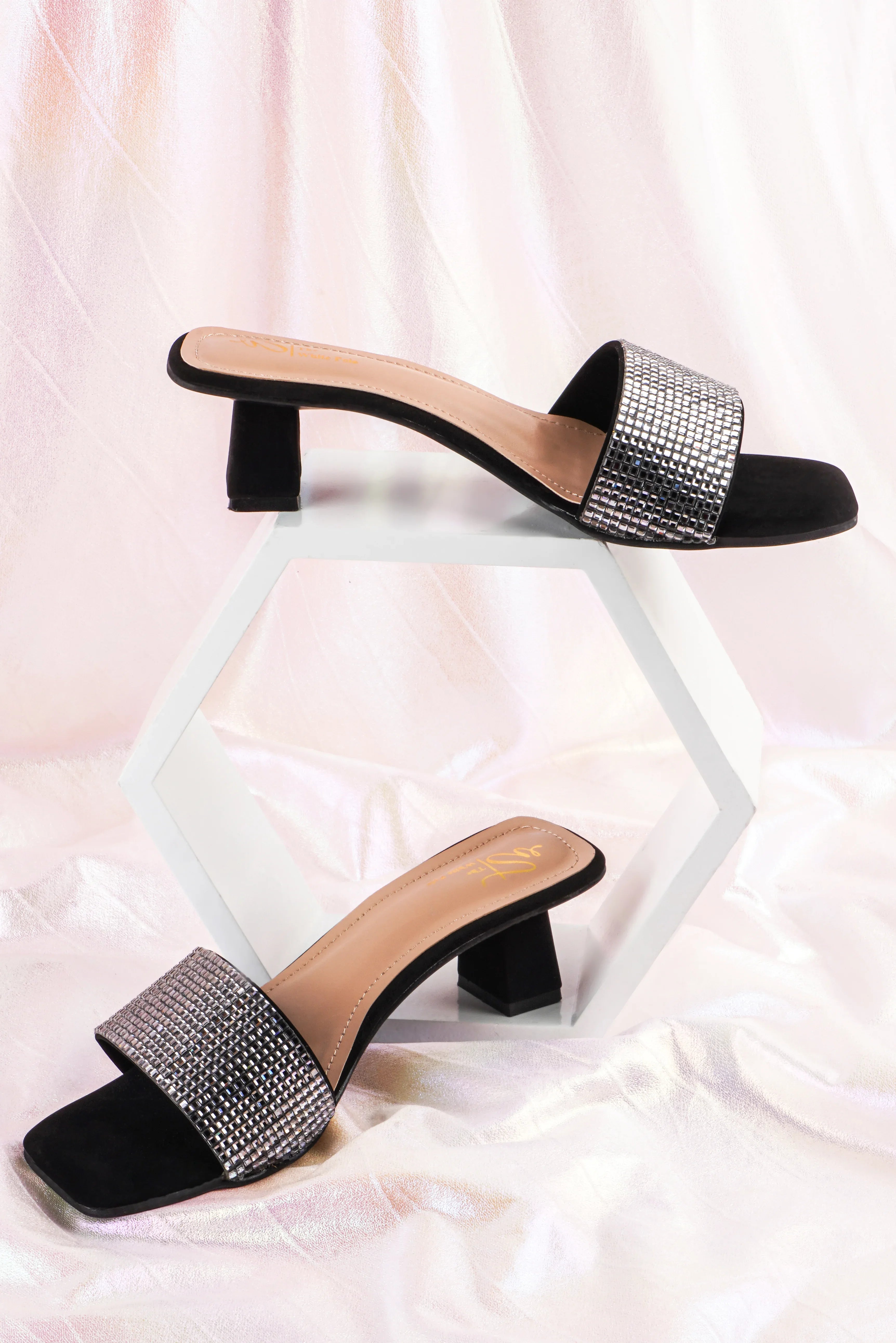 Crystal Grid Block Heel Slides