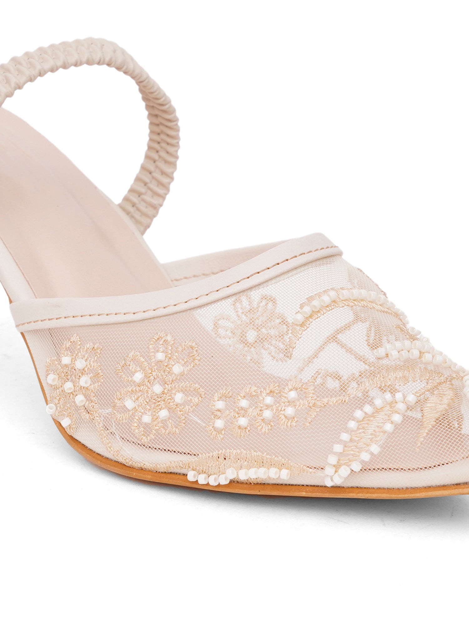 Mesh Embellished Pointed Toe Mule Heels