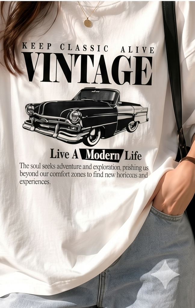 Retro Cotton Streetwear Oversized Vintage Car Graphic Printed T-Shirt