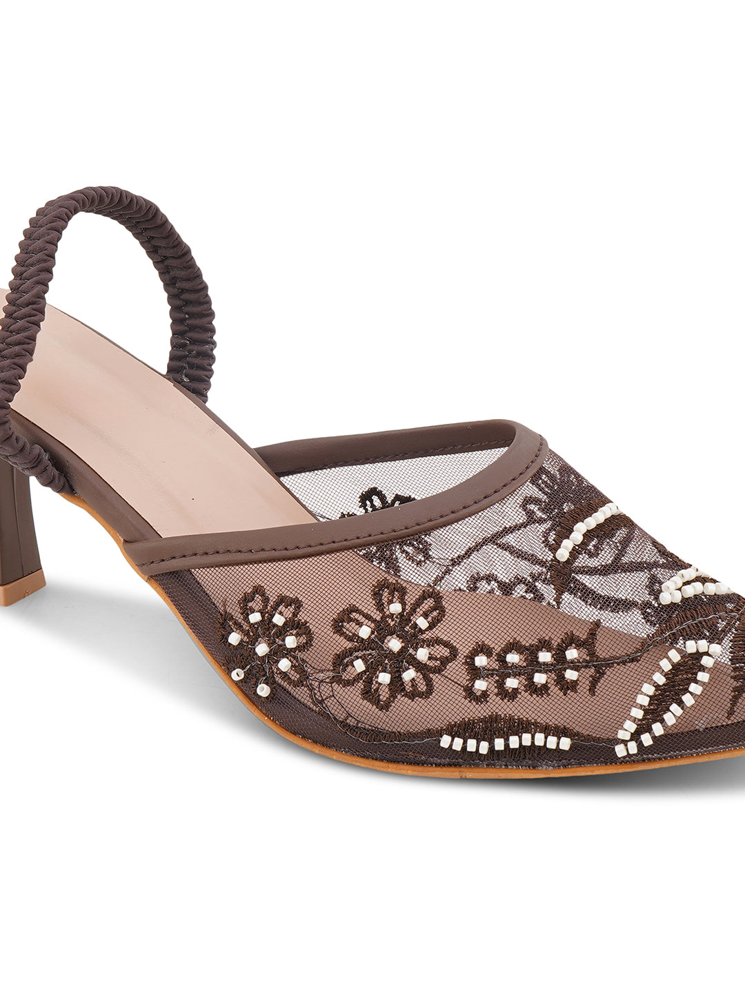 Mesh Embellished Pointed Toe Mule Heels
