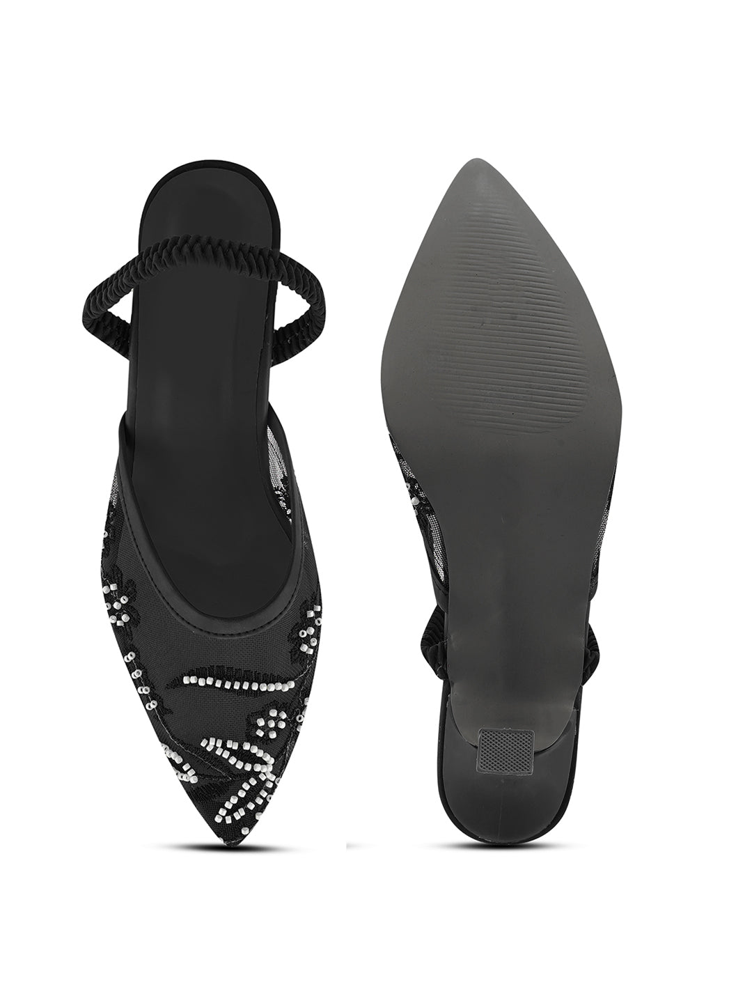 Mesh Embellished Pointed Toe Mule Heels