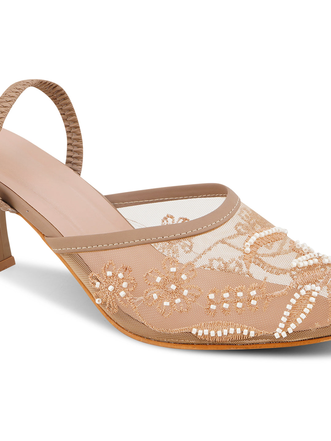 Mesh Embellished Pointed Toe Mule Heels
