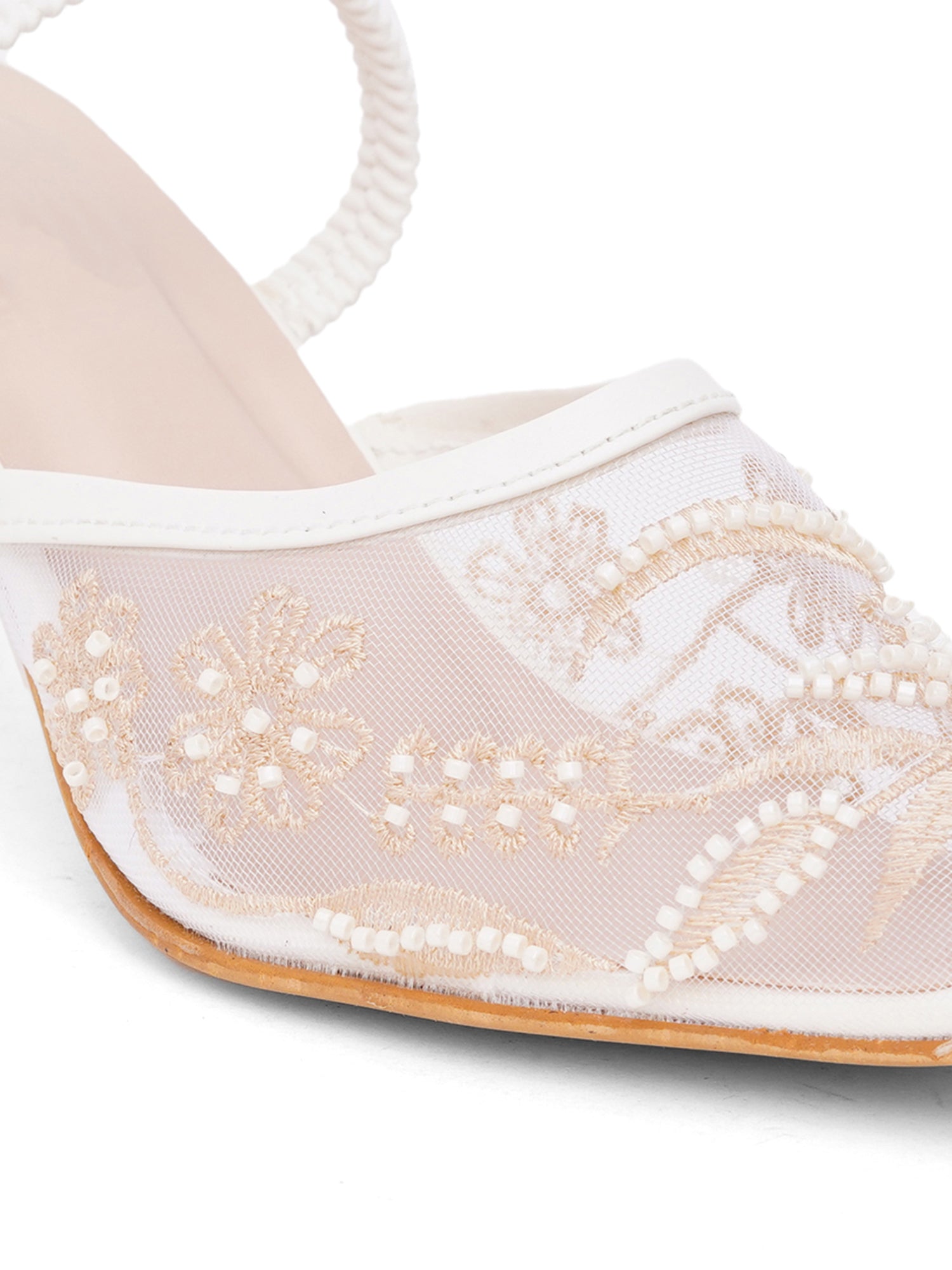 Mesh Embellished Pointed Toe Mule Heels