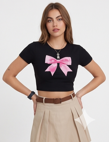 Pink Bow Graphic Black Crop T-Shirt-Black