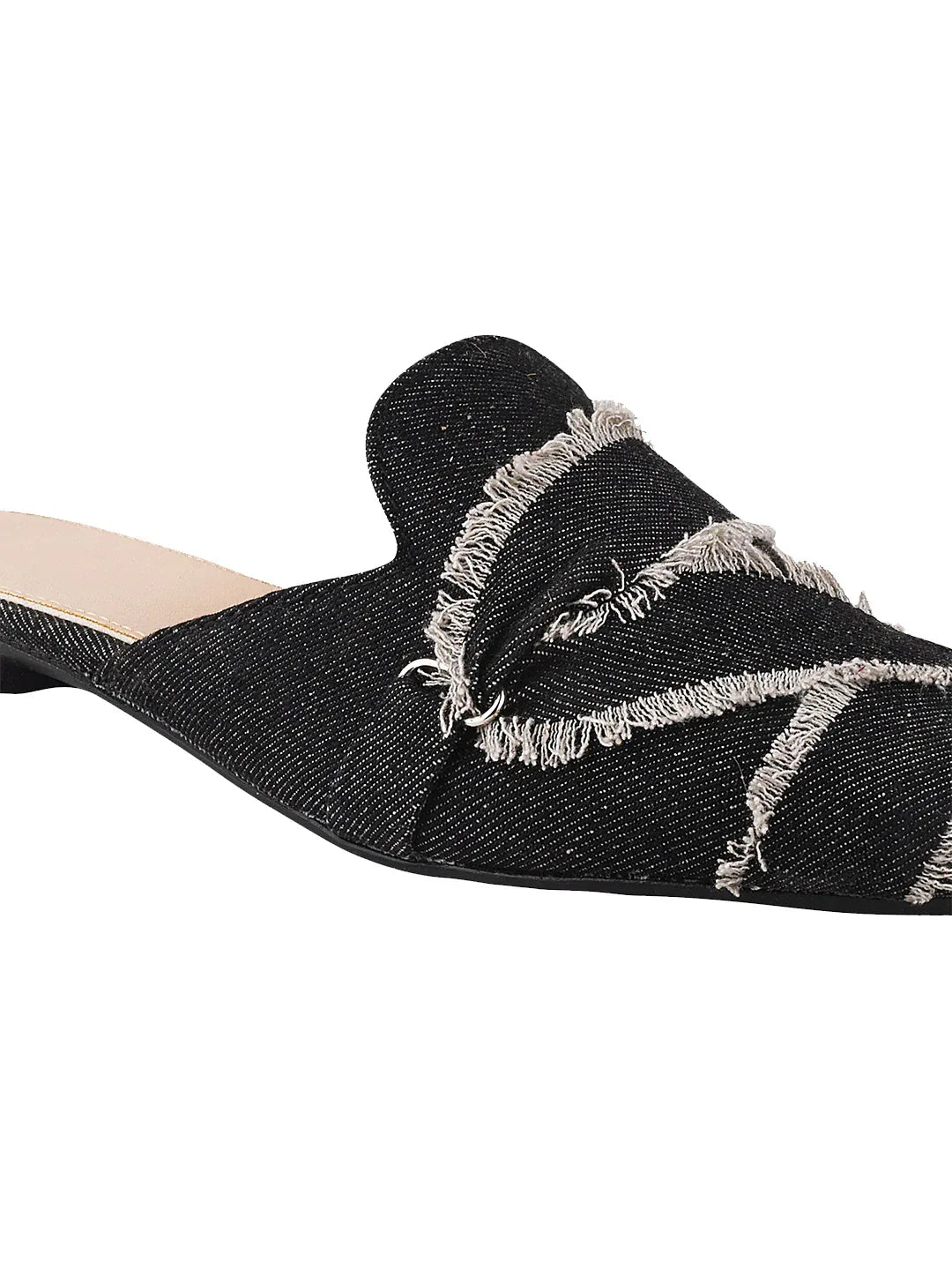 Frayed Edge Denim Pointed-Toe Mule Flats