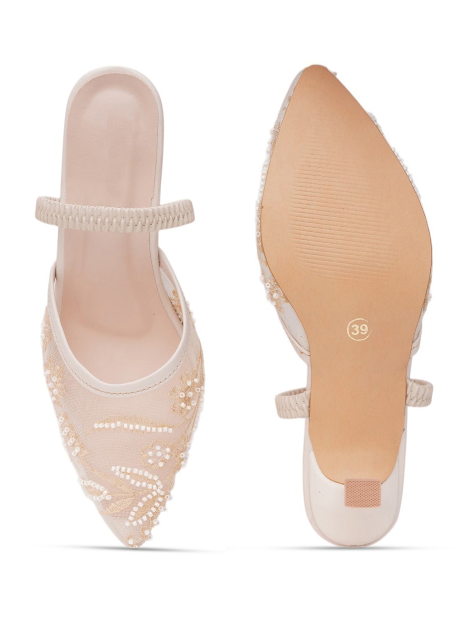 Mesh Embellished Pointed Toe Mule Heels