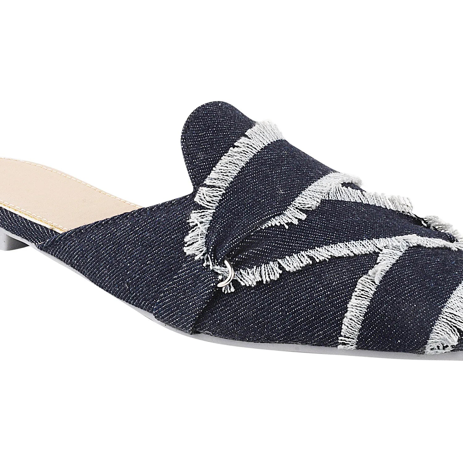 Frayed Edge Denim Pointed-Toe Mule Flats