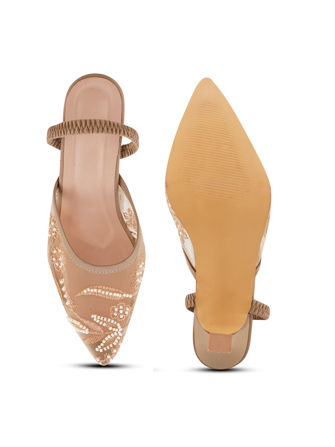 Mesh Embellished Pointed Toe Mule Heels