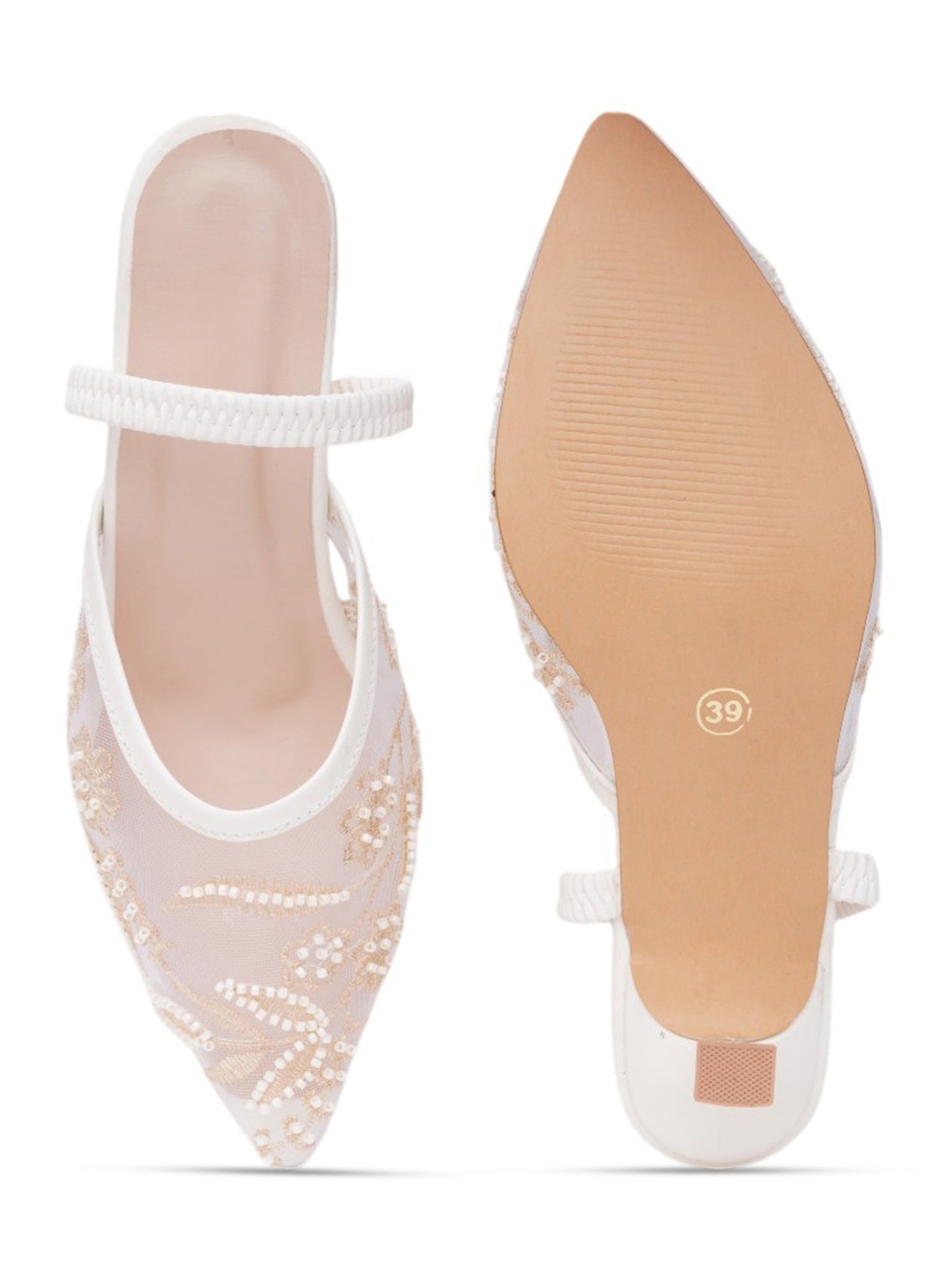 Mesh Embellished Pointed Toe Mule Heels
