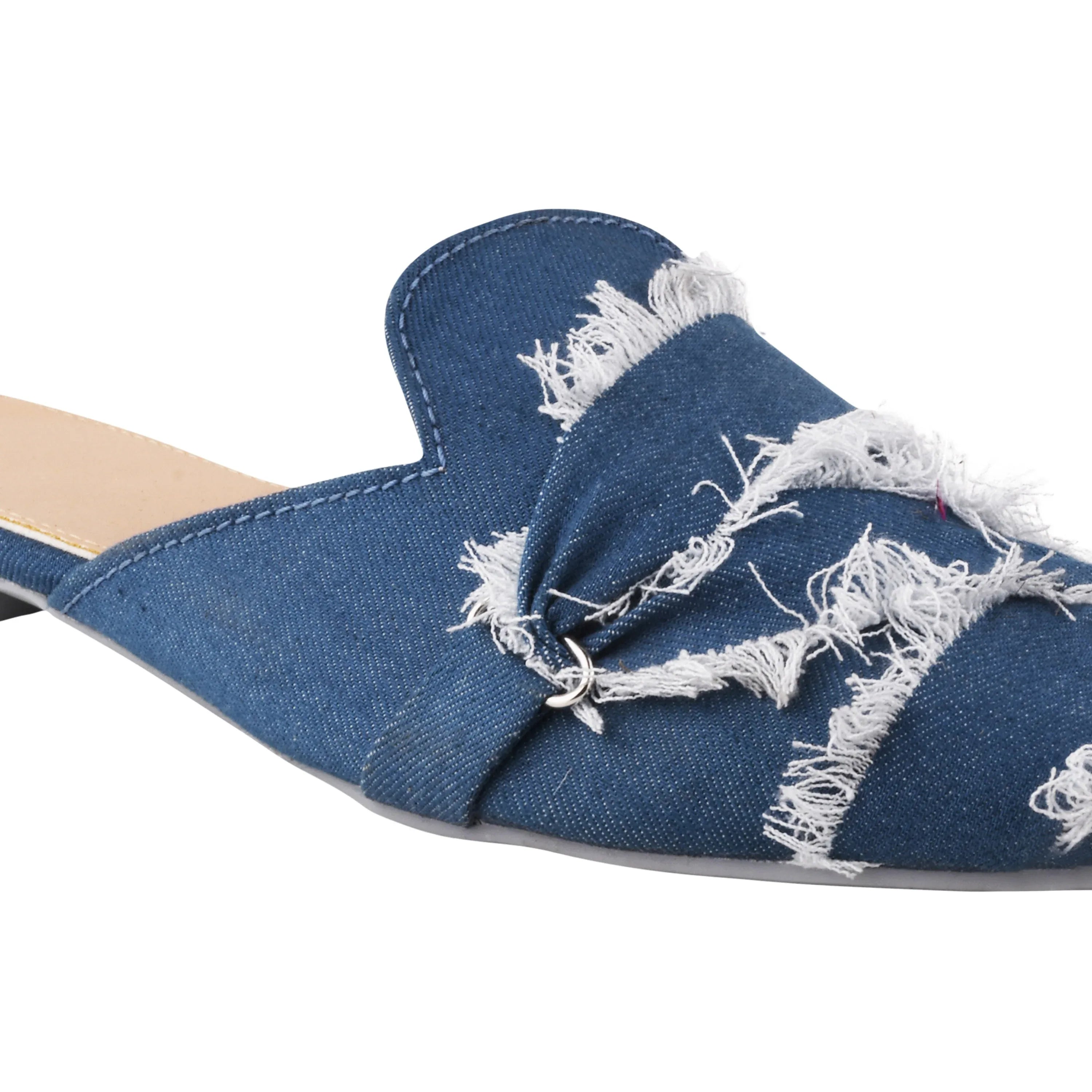 Frayed Edge Denim Pointed-Toe Mule Flats