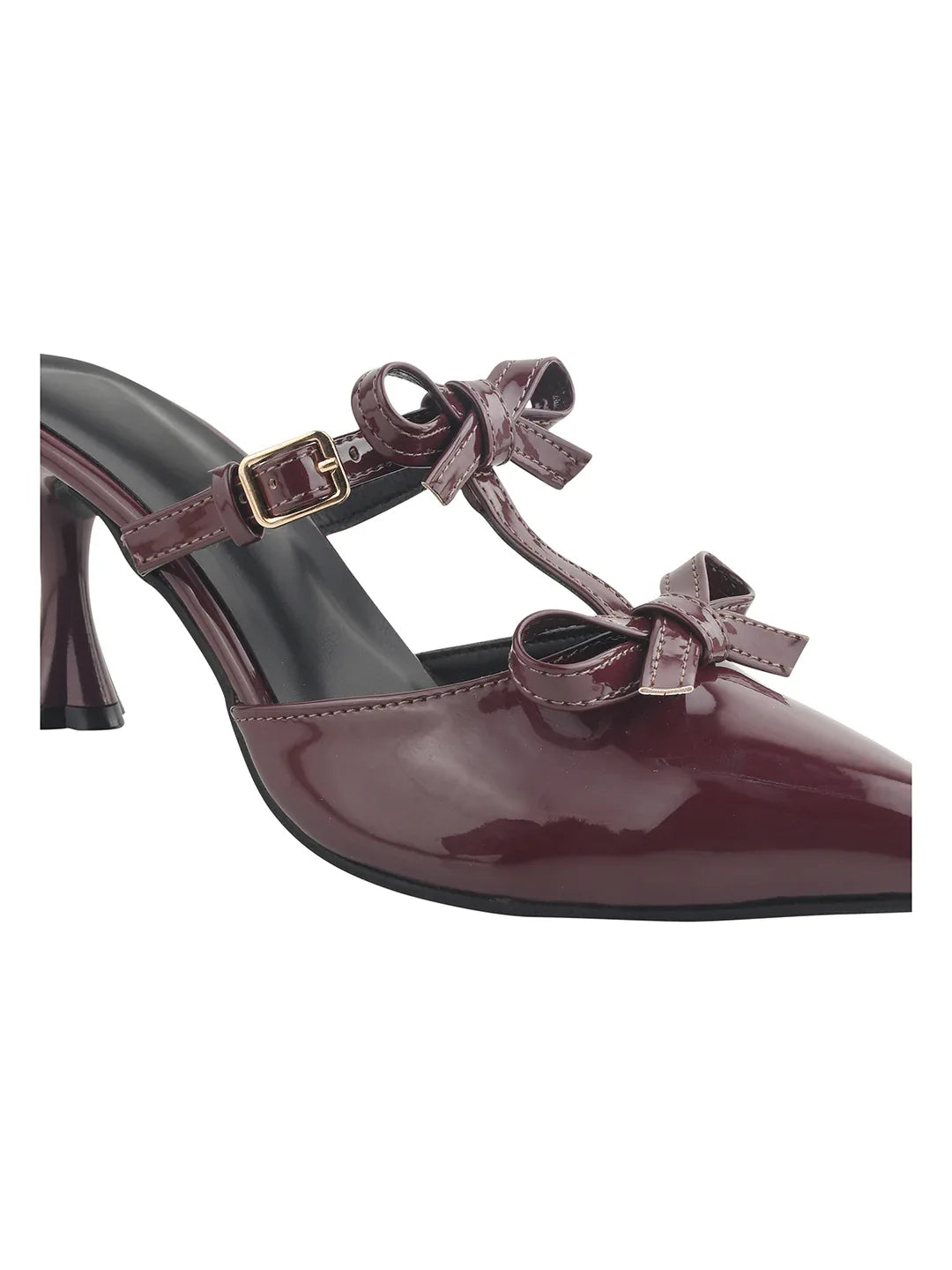 Patent Finish Bow-Detail Kitten Heel Mules