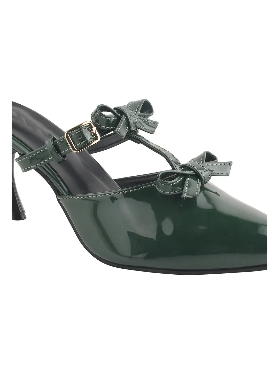 Patent Finish Bow-Detail Kitten Heel Mules
