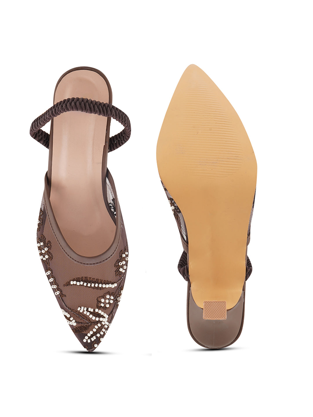 Mesh Embellished Pointed Toe Mule Heels