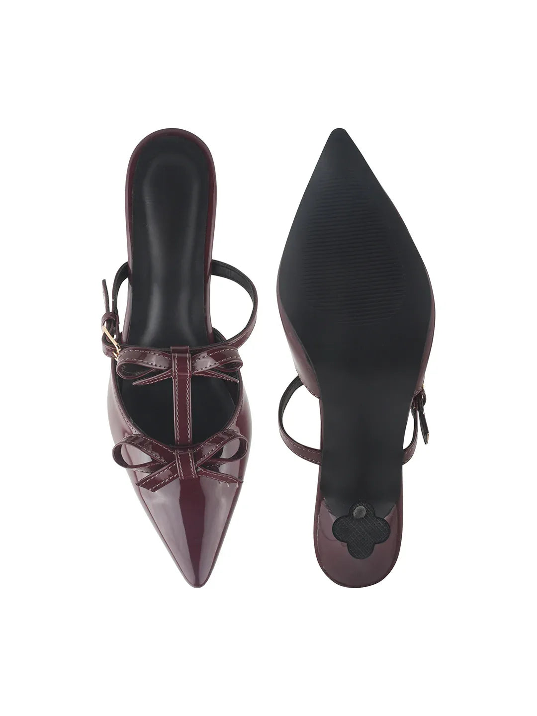 Patent Finish Bow-Detail Kitten Heel Mules