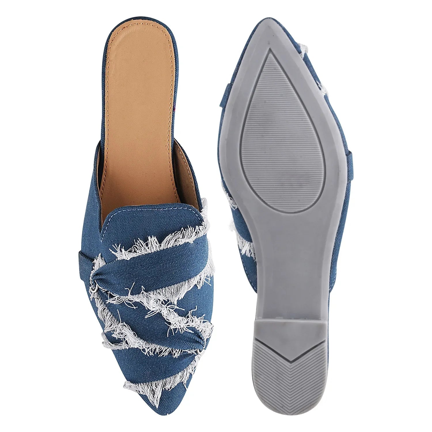 Frayed Edge Denim Pointed-Toe Mule Flats