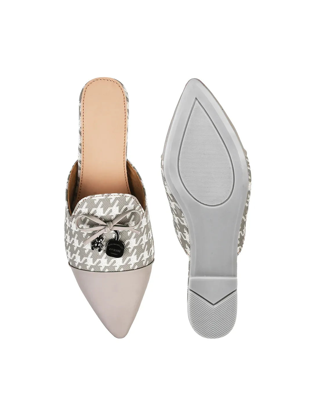 Houndstooth Pointed Toe Slip-On Mule Flats