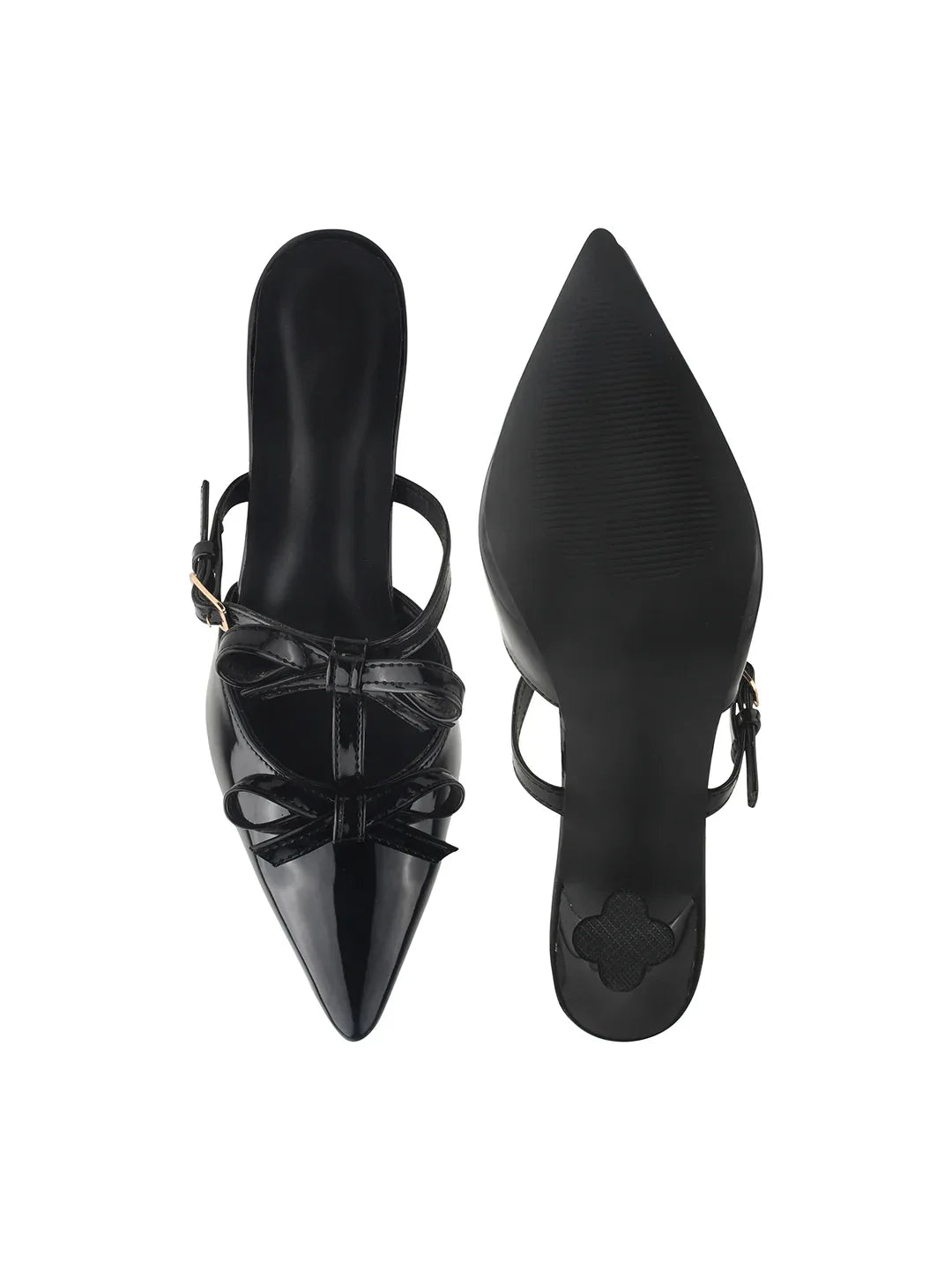 Patent Finish Bow-Detail Kitten Heel Mules