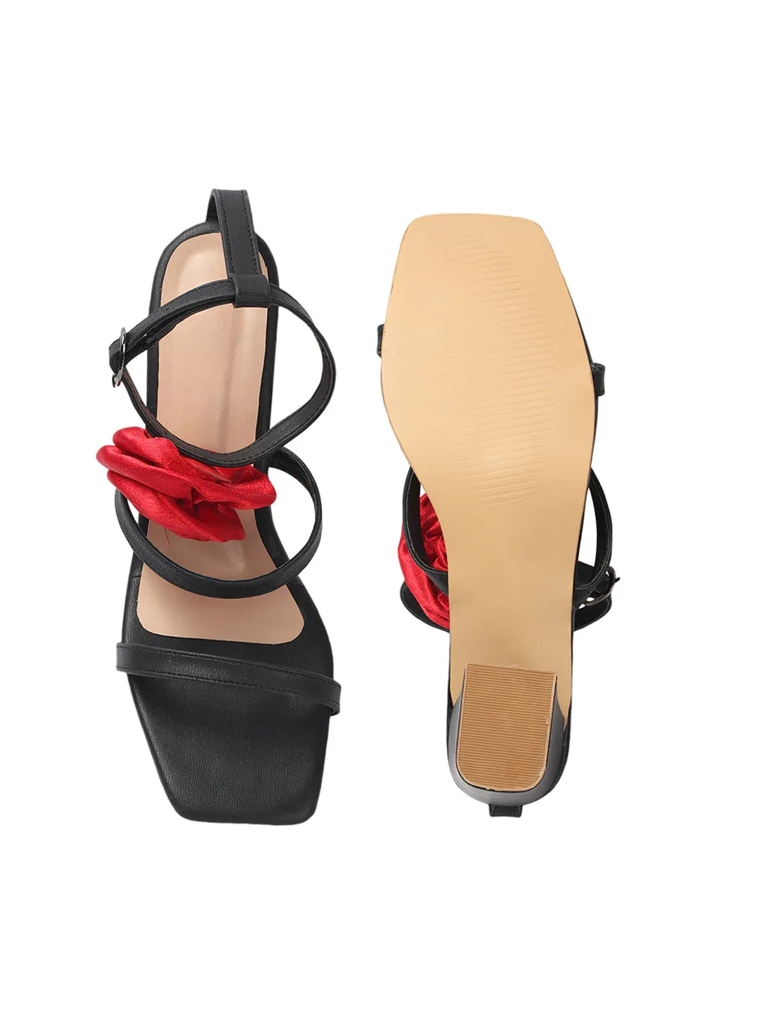 Rose Detail Ankle Strap Block Heels