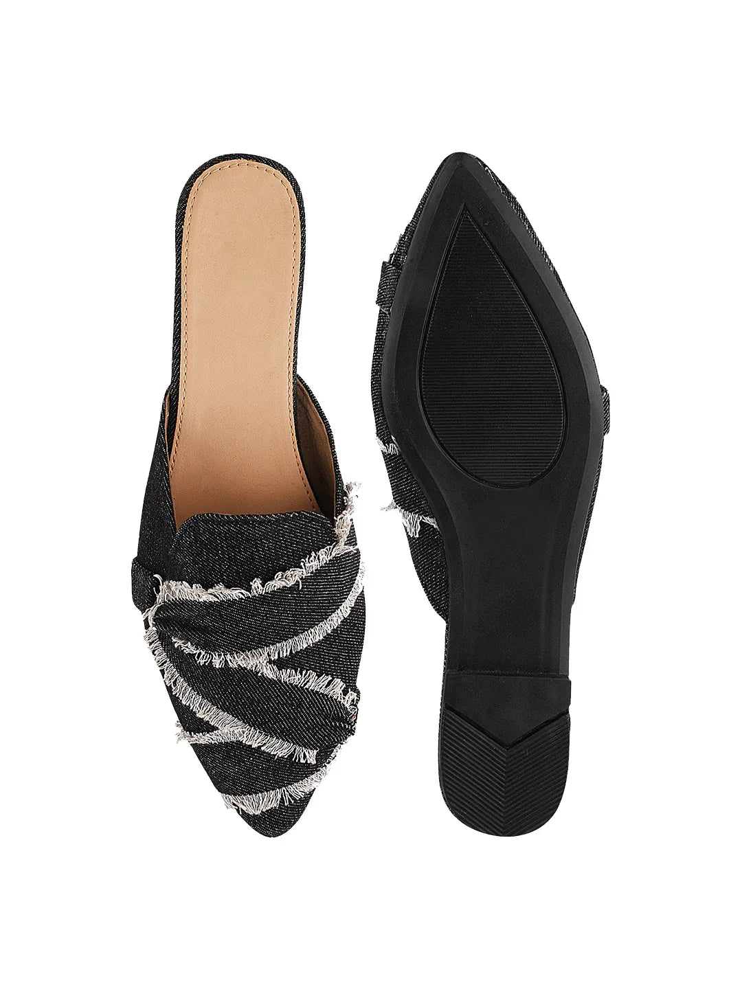 Frayed Edge Denim Pointed-Toe Mule Flats