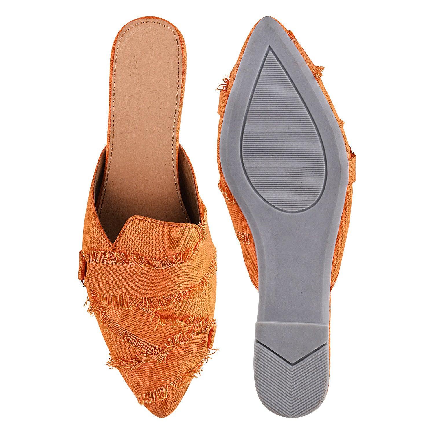 Frayed Edge Denim Pointed-Toe Mule Flats