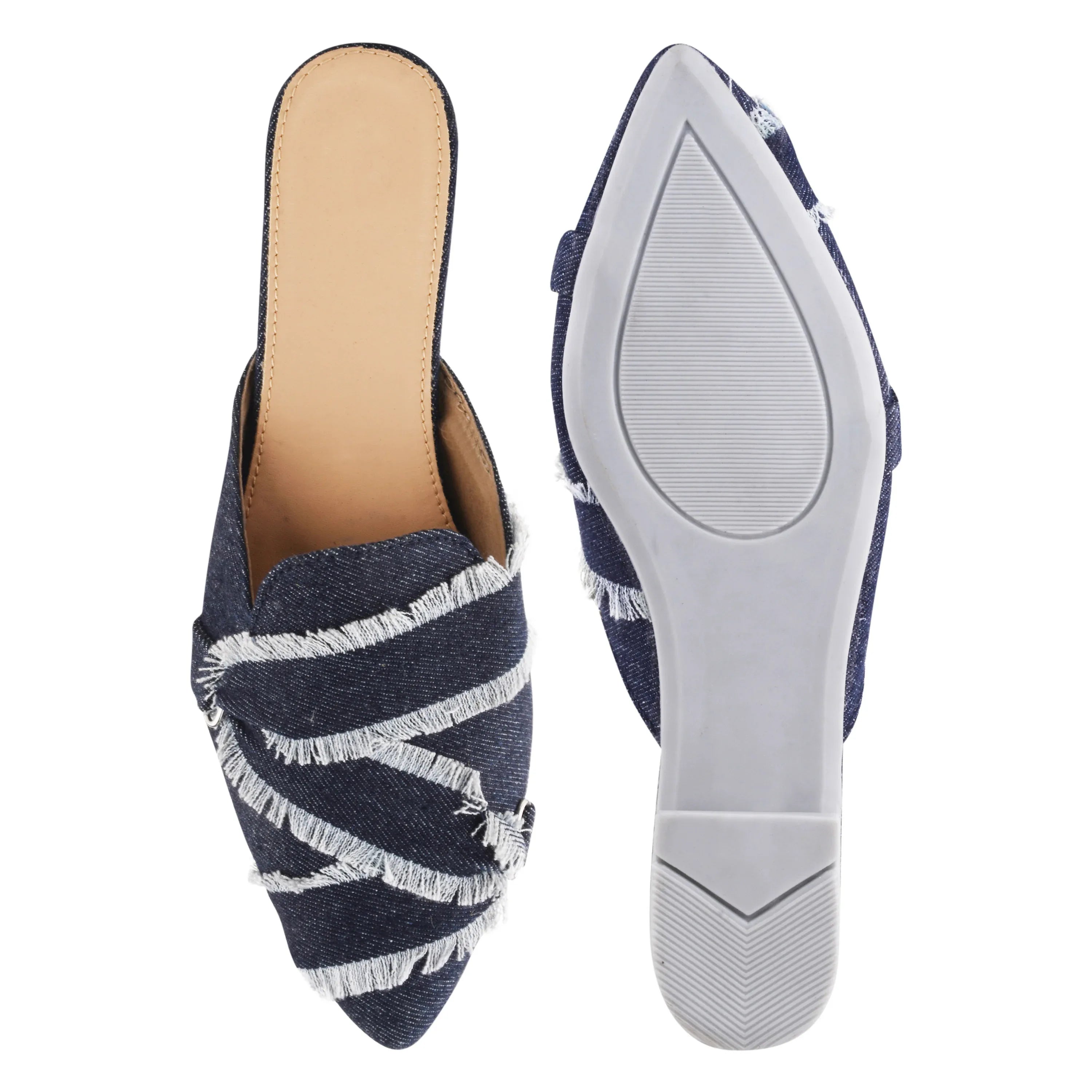 Frayed Edge Denim Pointed-Toe Mule Flats