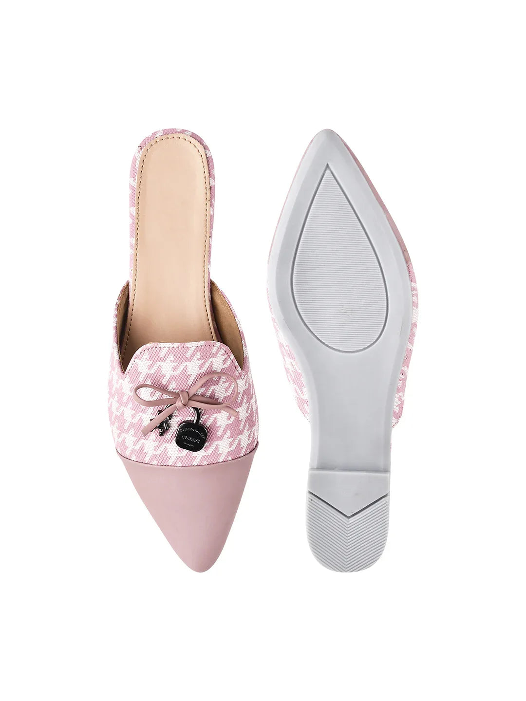 Houndstooth Pointed Toe Slip-On Mule Flats
