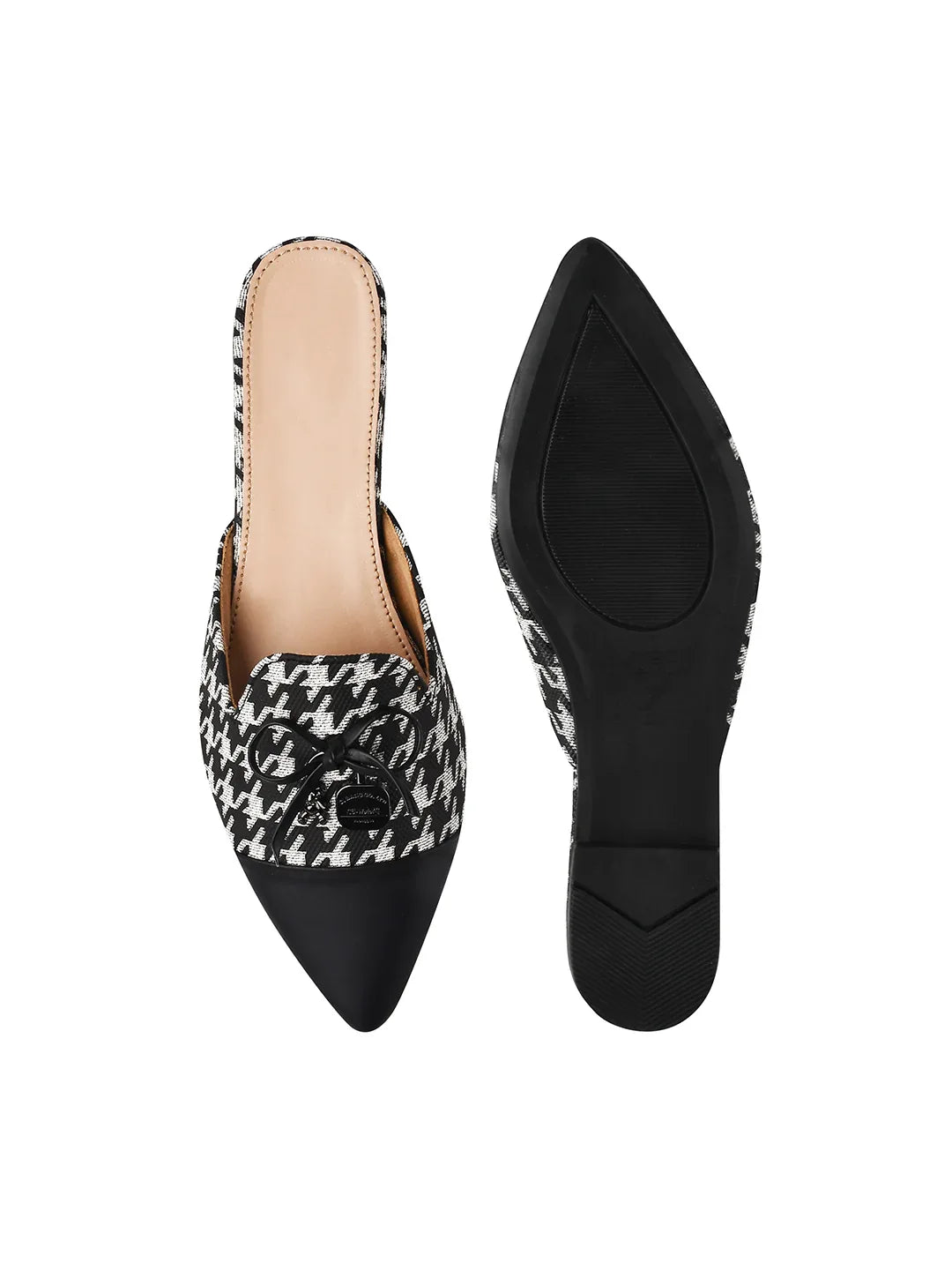 Houndstooth Pointed Toe Slip-On Mule Flats