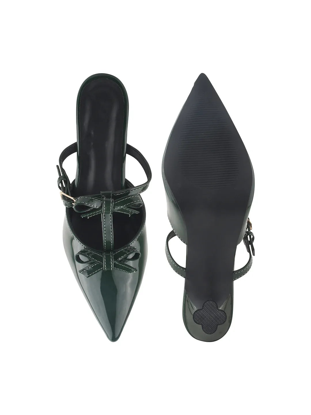 Patent Finish Bow-Detail Kitten Heel Mules