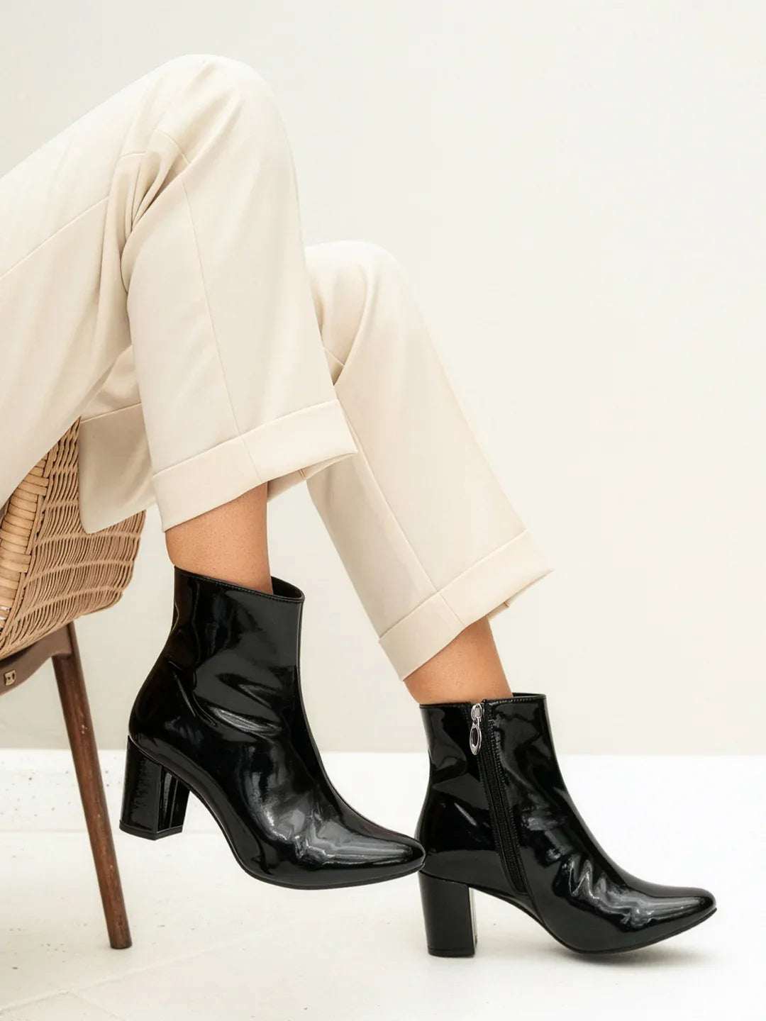 Patent Finish Block Heel Ankle Boots for Women