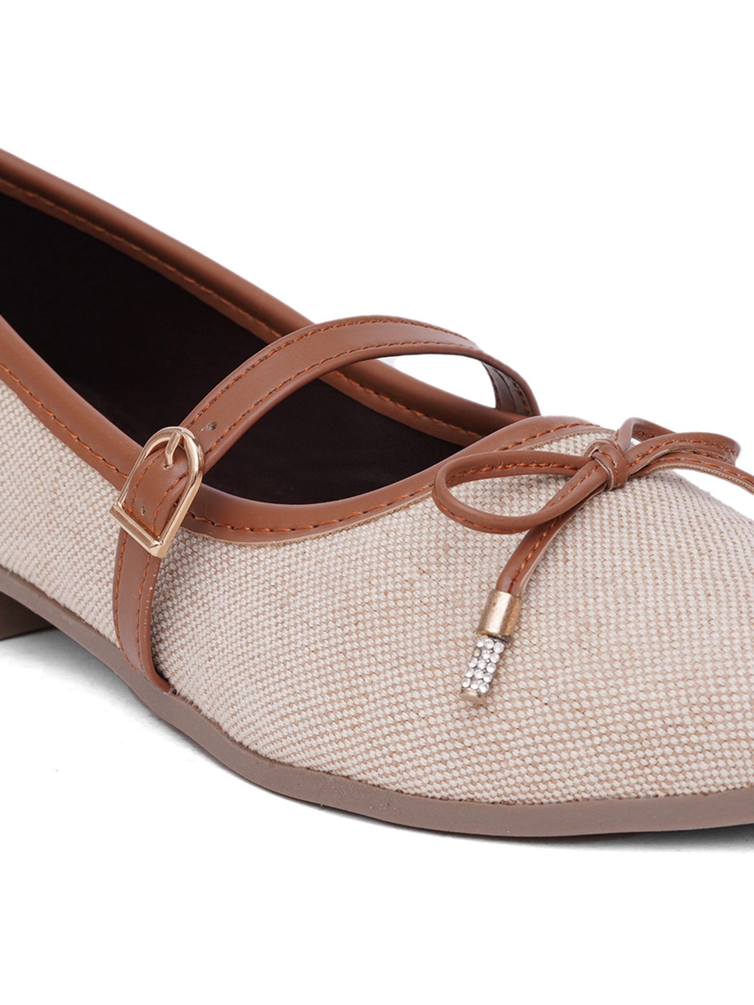 Linen Textured Pointed Toe Mary Jane Ballet