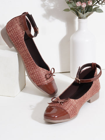Elegant Tweed Texture Ballet Pumps Bellies with Ankle Strap