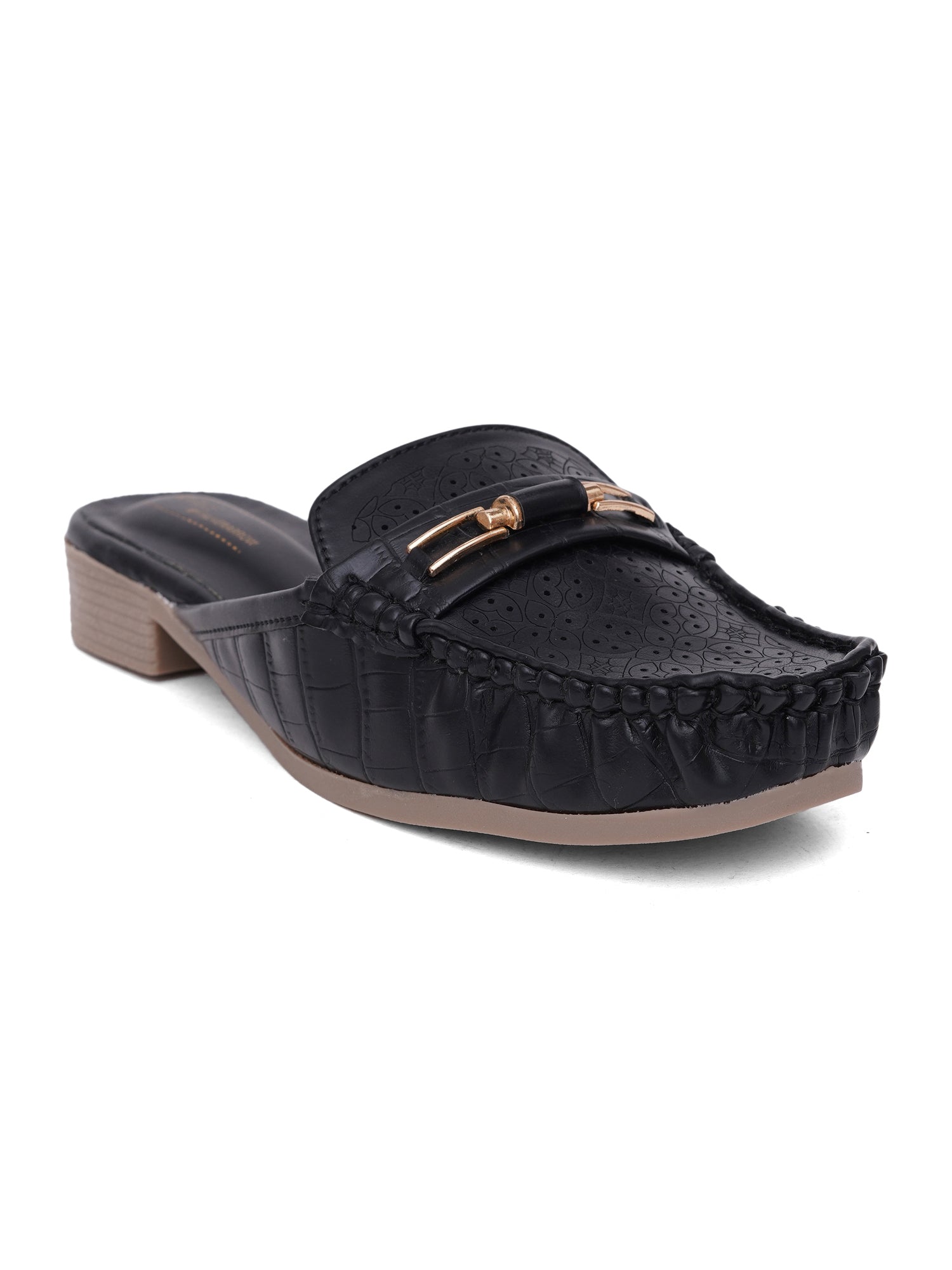Comfort Cushioned Laser Slip-On Cut Loafer Mule Flats-Black